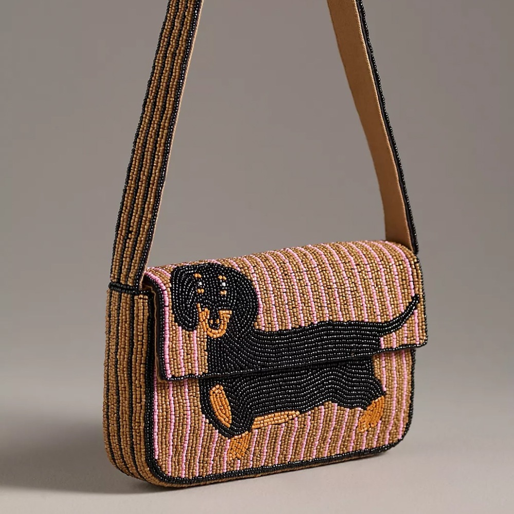 Fiona Striped Beaded Dachshund Shoulder Bag